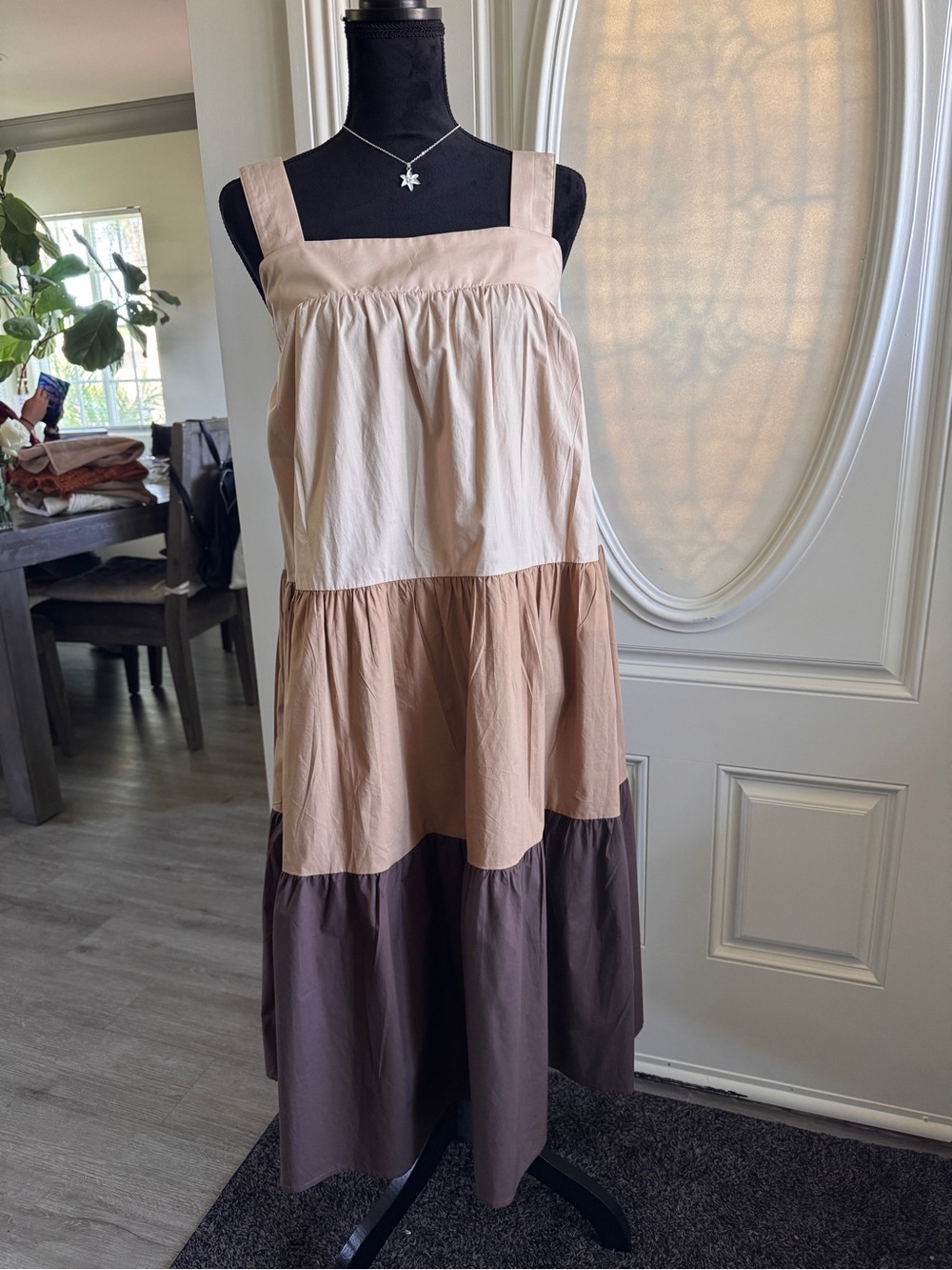 Robin K Three-Tier Maxi Dress in Cream, Tan & Brown